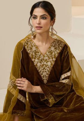 Beige Embroidered Velvet Kurta Set
