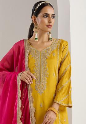 Mustard Embroidered Chinon Kurta Set