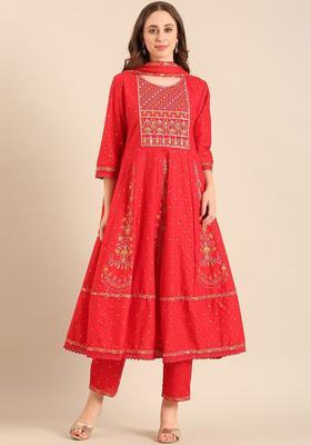 Red Embroidered Cotton Kurta Set