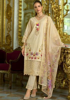Off White Embroidered Cotton Kurta Set