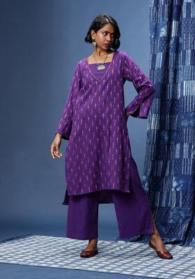 Purple Woven Design Cotton Kurta Set