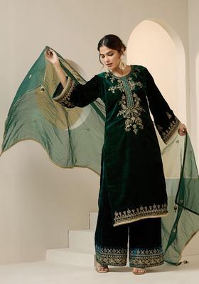 Green Embroidered Velvet Kurta Set