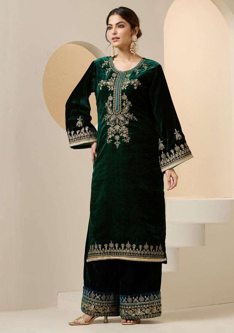 Green Embroidered Velvet Kurta Set - Indya