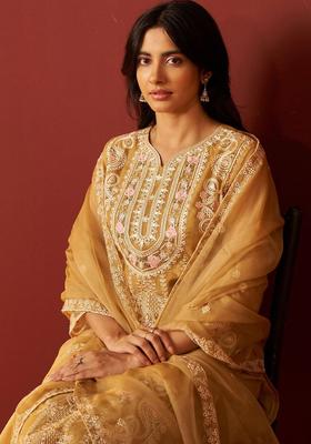 Beige Embroidered Organza Kurta Set