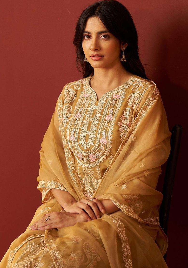 Beige Embroidered Organza Kurta Set - Indya