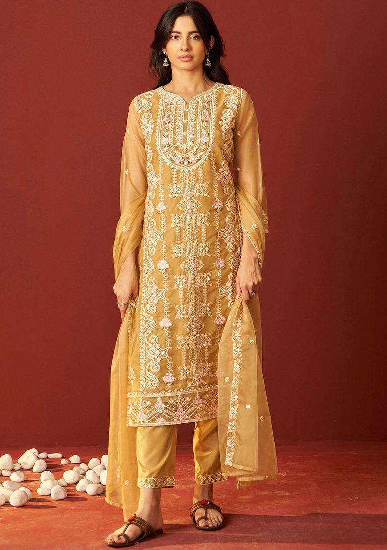 Beige Embroidered Organza Kurta Set - Indya