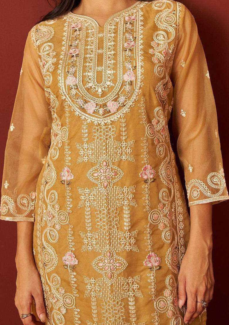 Beige Embroidered Organza Kurta Set - Indya