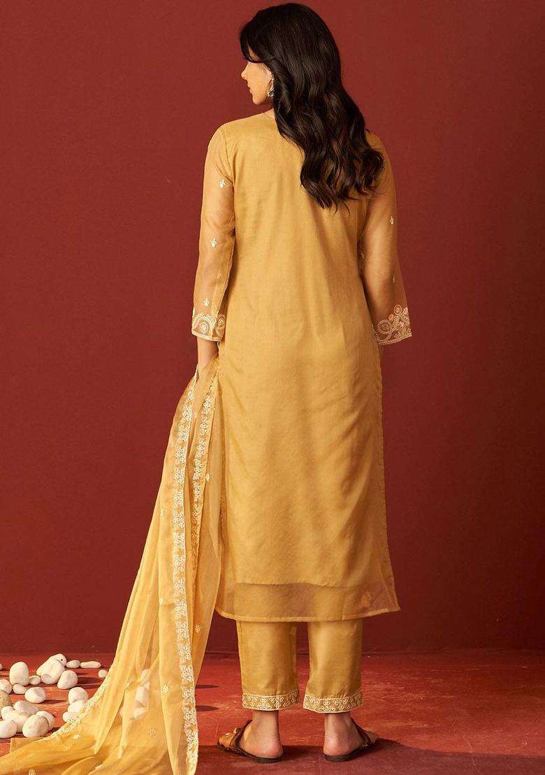 Beige Embroidered Organza Kurta Set - Indya
