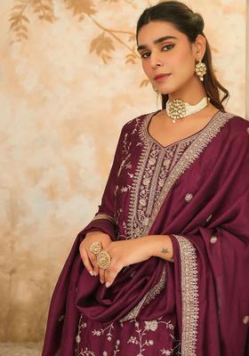 Burgundy Embroidered Silk Blend Kurta Set