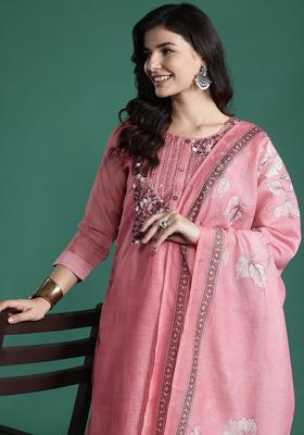 Peach Solid Silk Blend Kurta Set