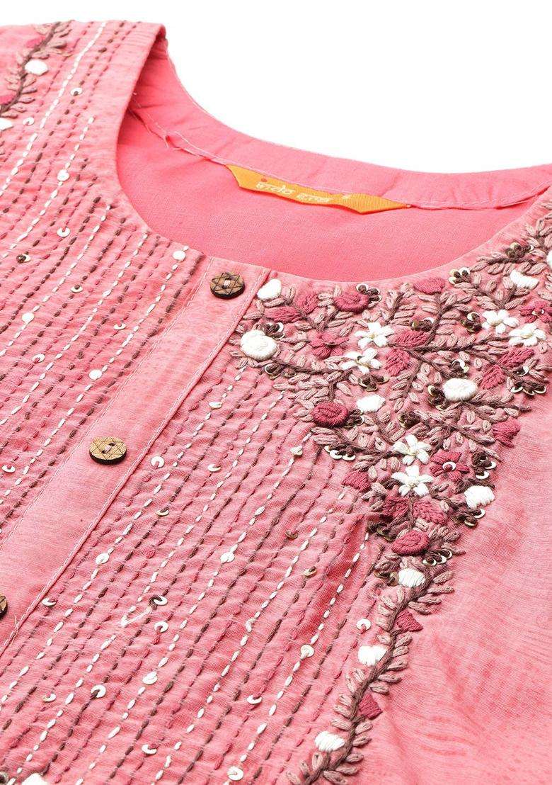 Peach Solid Silk Blend Kurta Set - Indya