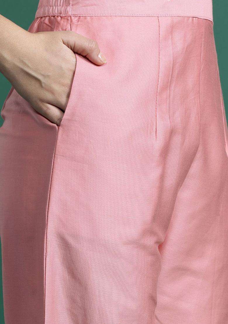 Peach Solid Silk Blend Kurta Set - Indya