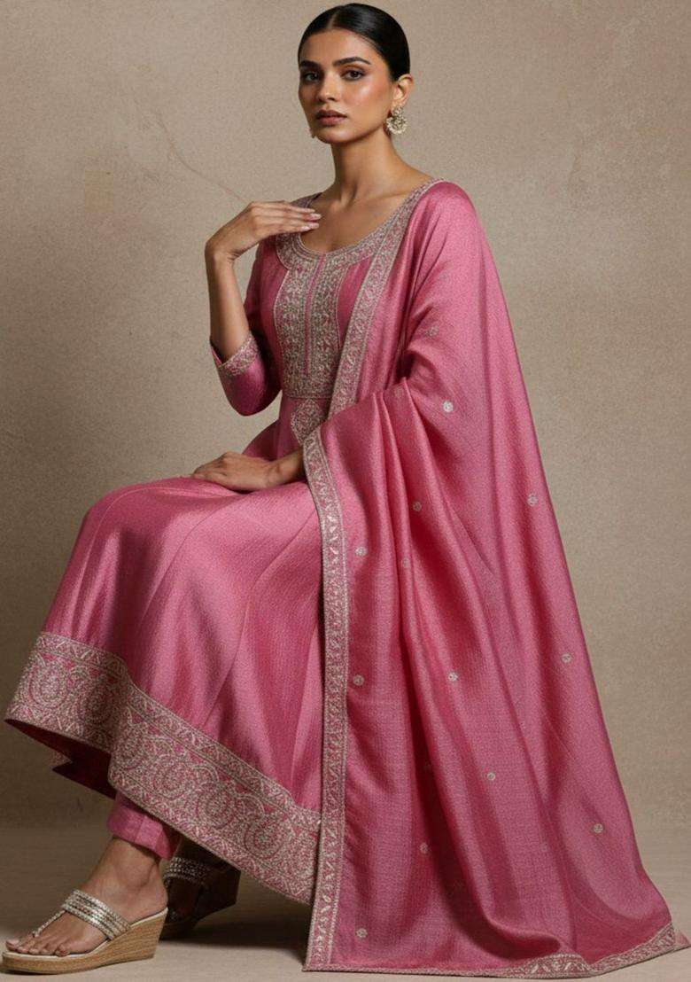 Pink Self Design Silk Blend Kurta Set - Indya