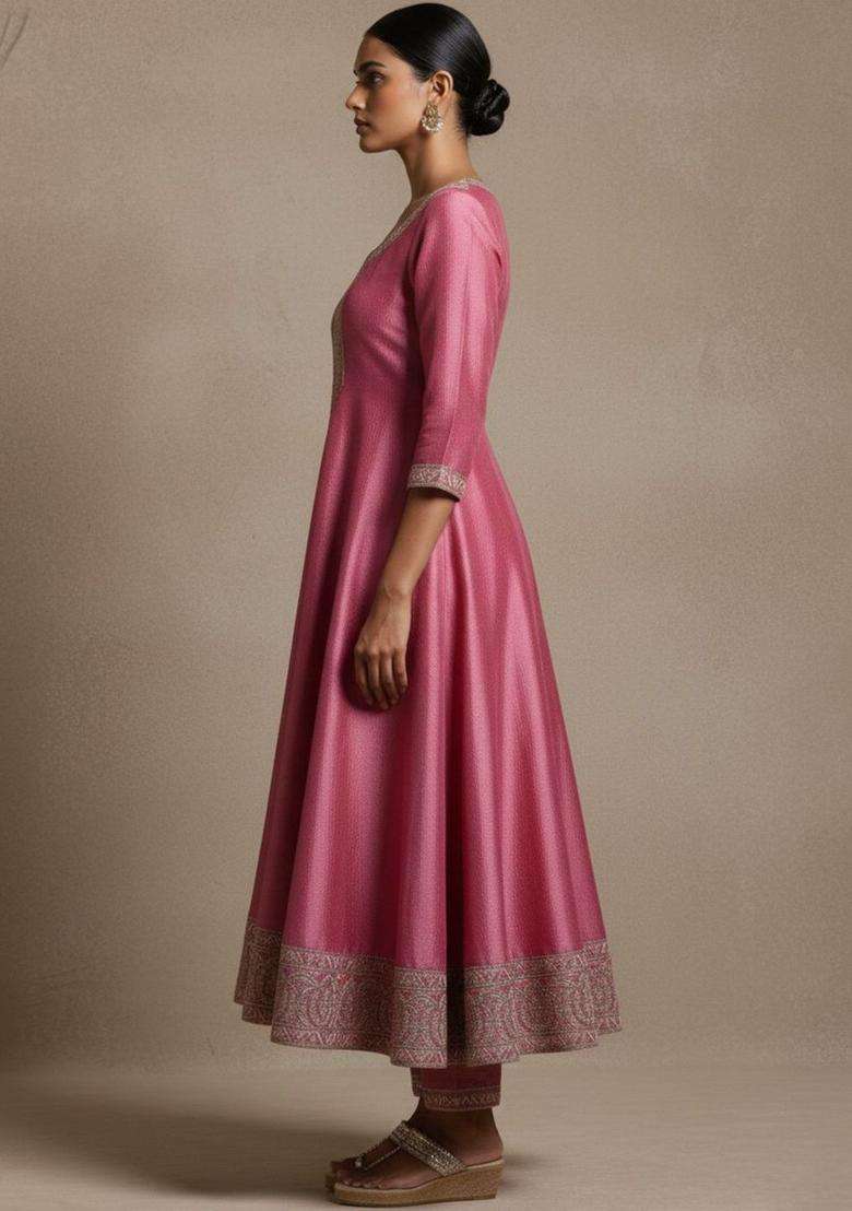 Pink Self Design Silk Blend Kurta Set - Indya