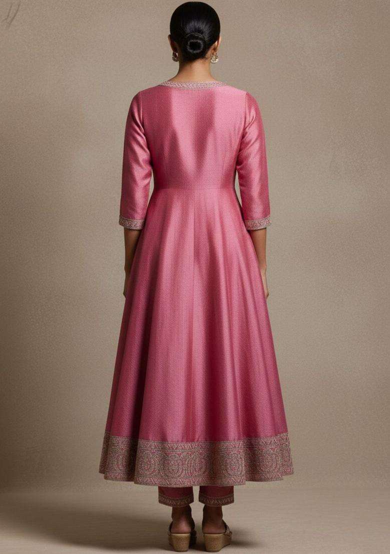 Pink Self Design Silk Blend Kurta Set - Indya