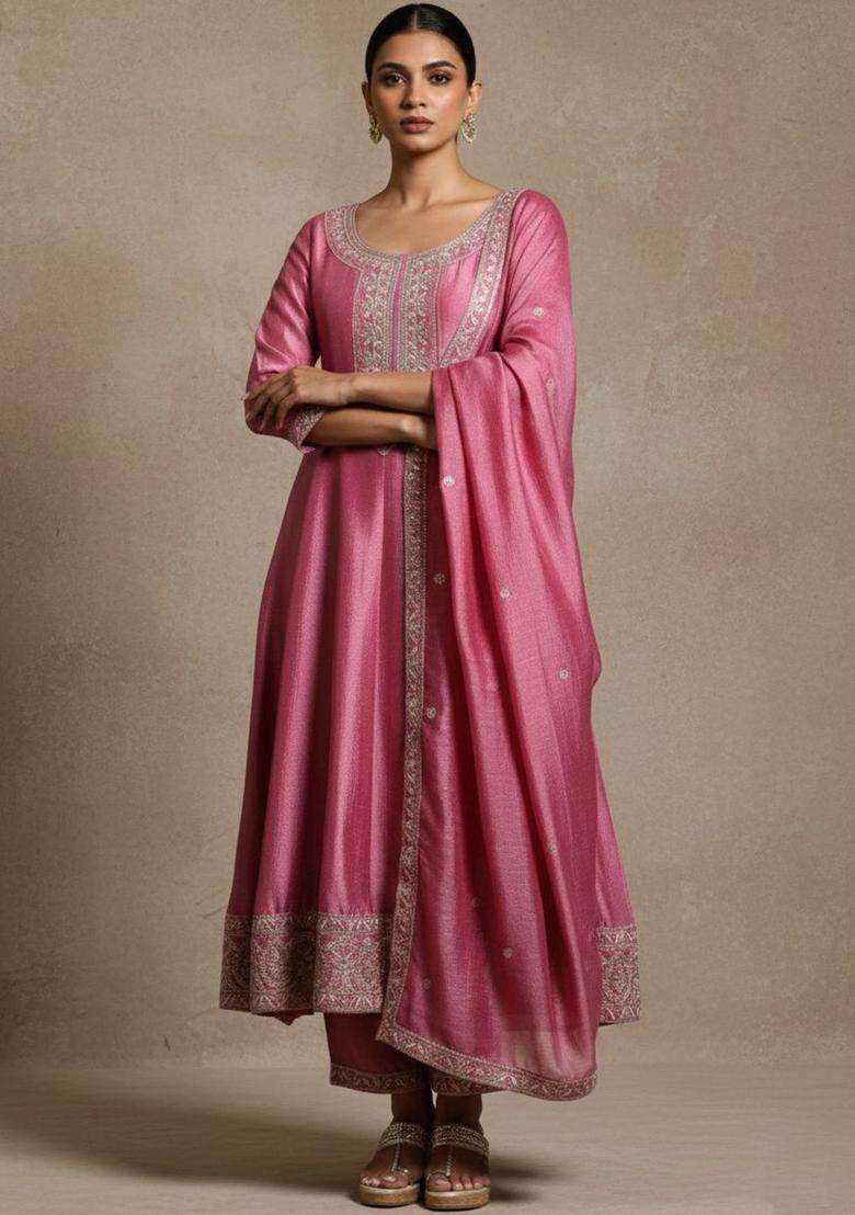 Pink Self Design Silk Blend Kurta Set - Indya