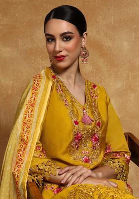 Mustard Embroidered Cotton Kurta Set