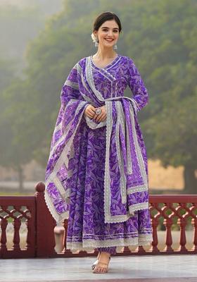 Purple Printed Cotton Kurta Set