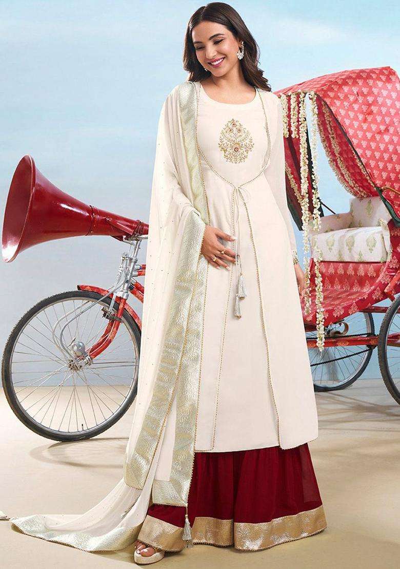 Off White Embroidered Georgette Kurta Set - Indya