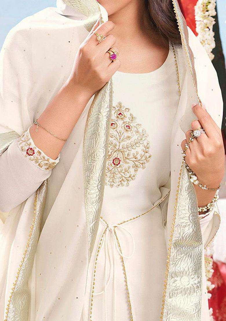 Off White Embroidered Georgette Kurta Set - Indya