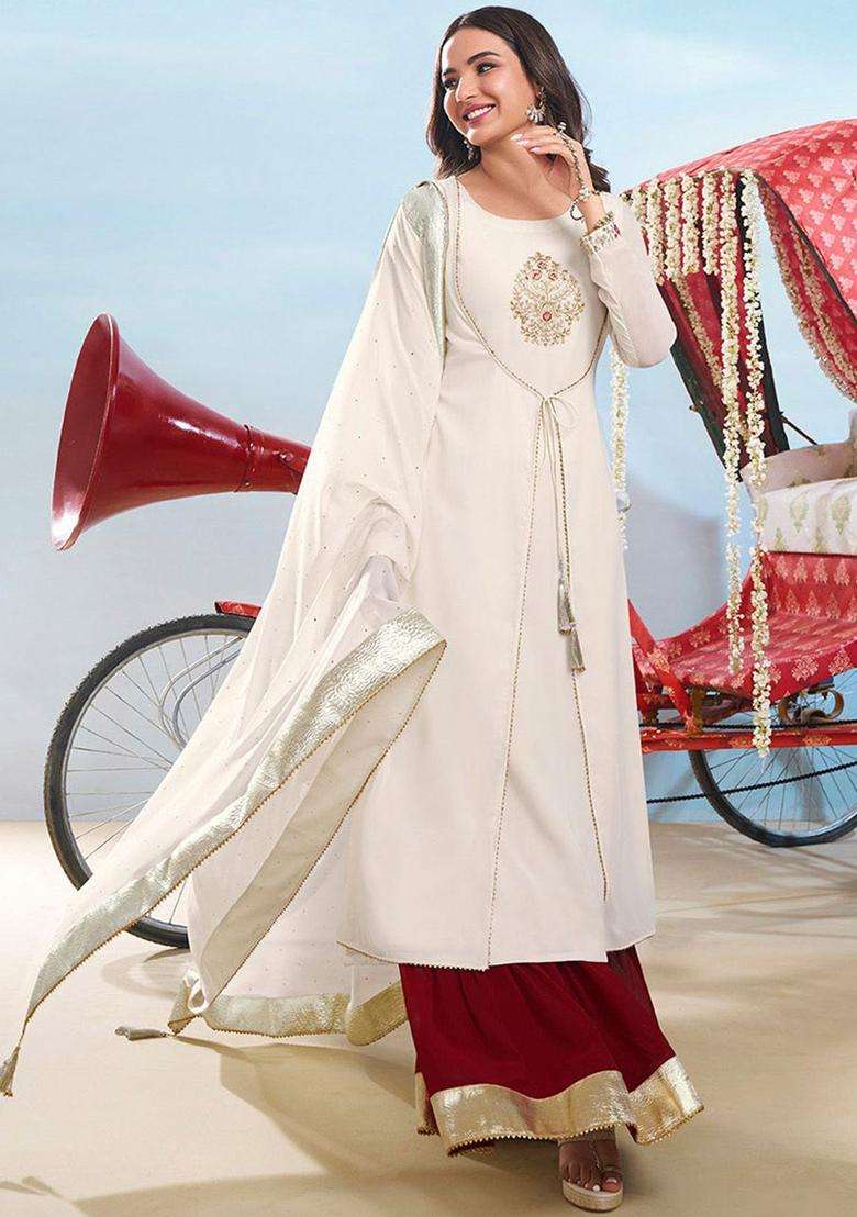 Off White Embroidered Georgette Kurta Set - Indya