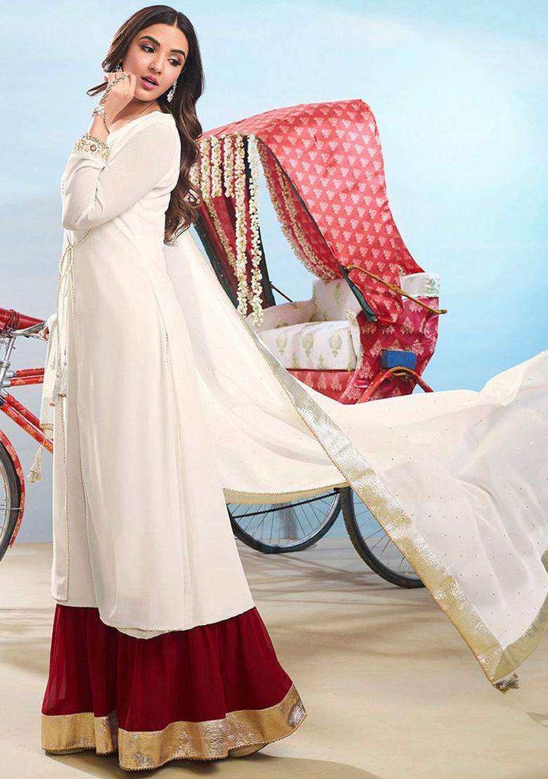 Off White Embroidered Georgette Kurta Set - Indya