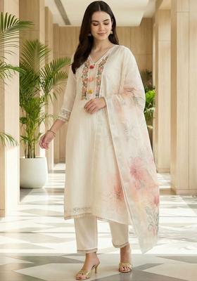 Off White Embroidered Cotton Kurta Set