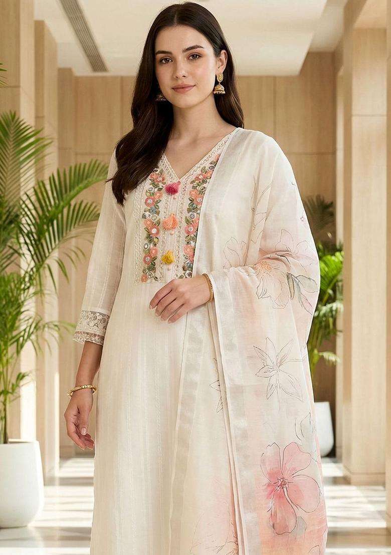 Off White Embroidered Cotton Kurta Set - Indya