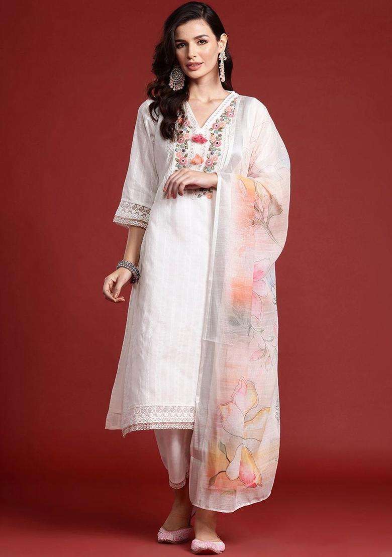 Off White Embroidered Cotton Kurta Set - Indya