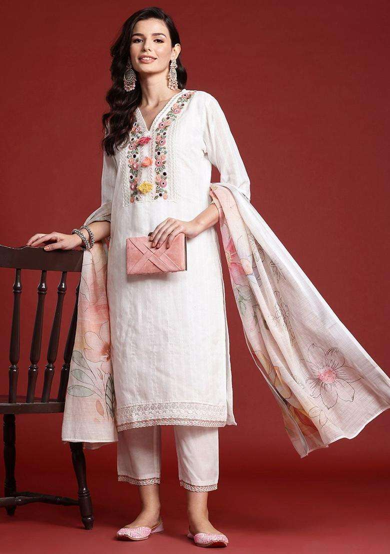 Off White Embroidered Cotton Kurta Set - Indya