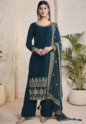 Teal Embroidered Georgette Kurta Set