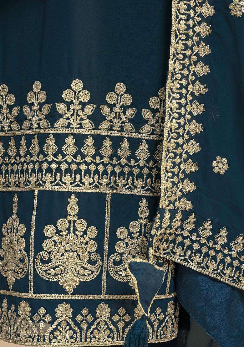 Teal Embroidered Georgette Kurta Set - Indya