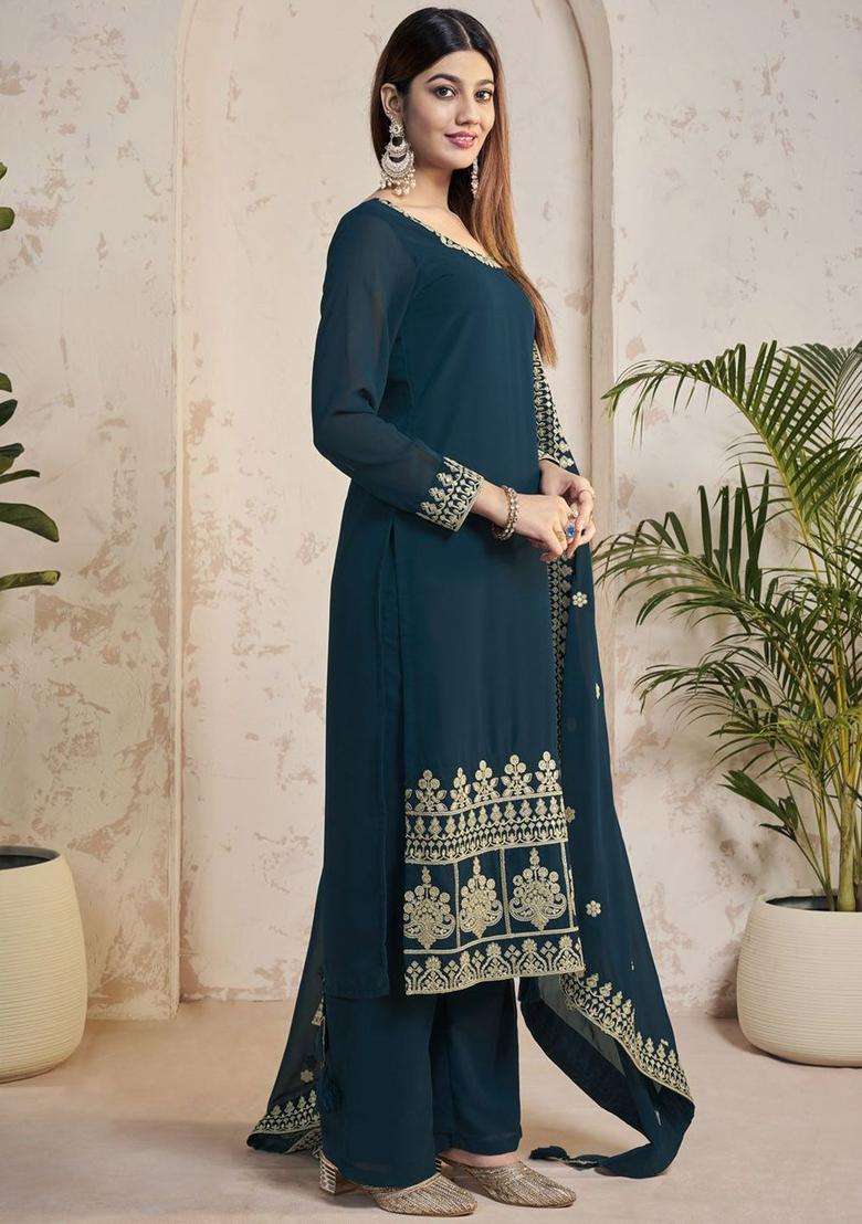 Teal Embroidered Georgette Kurta Set - Indya