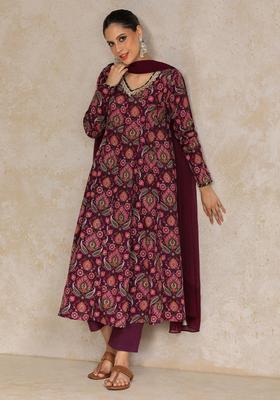 Purple Printed Cotton Kurta Set
