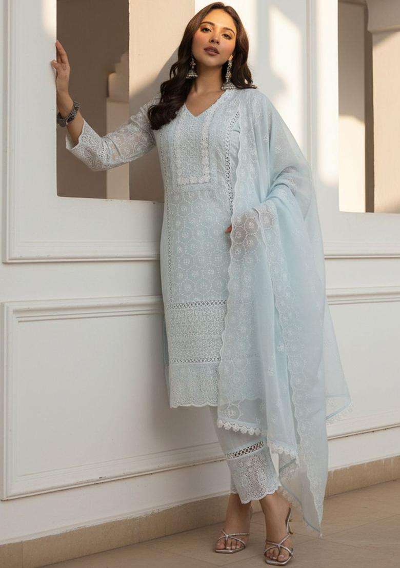 Light Blue Embroidered Cotton Kurta Set - Indya