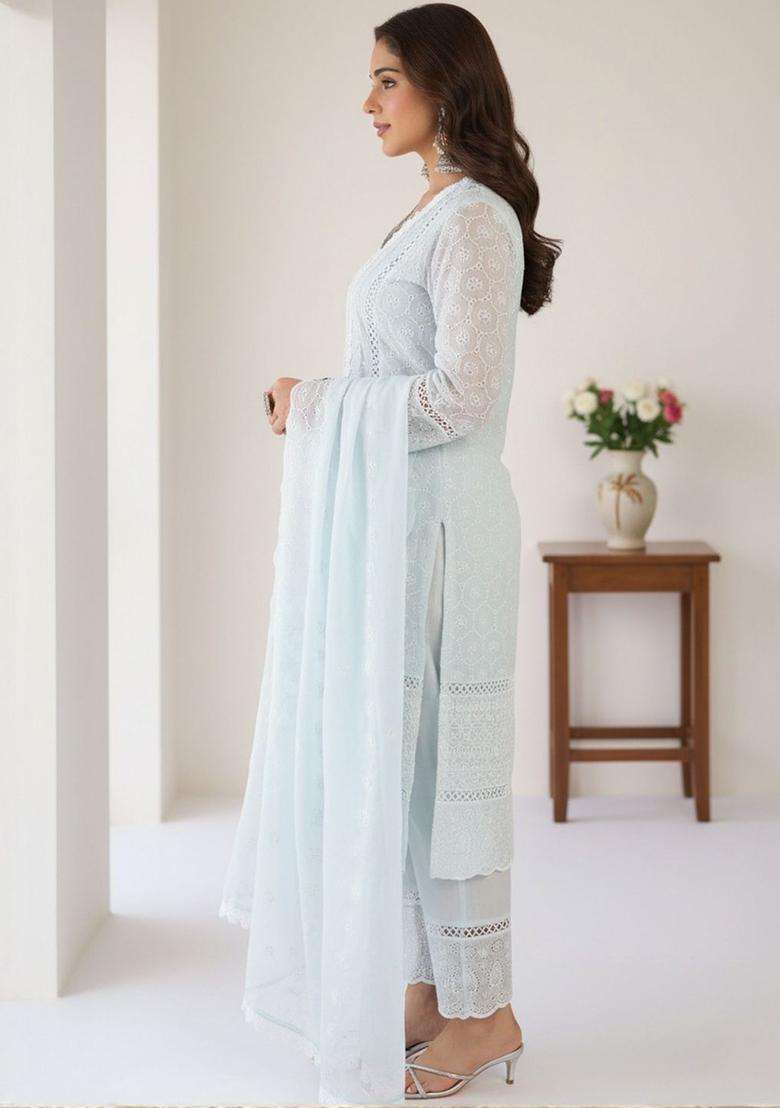 Light Blue Embroidered Cotton Kurta Set - Indya