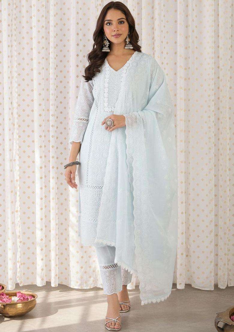 Light Blue Embroidered Cotton Kurta Set - Indya