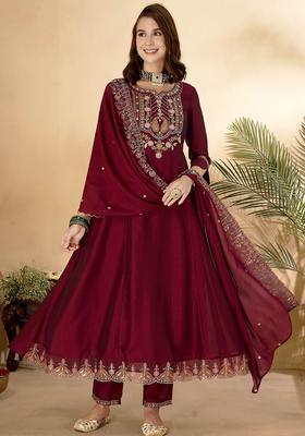 Maroon Embroidered Silk Anarkali Set