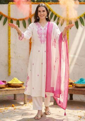 Off White Embroidered Viscose Kurta Set