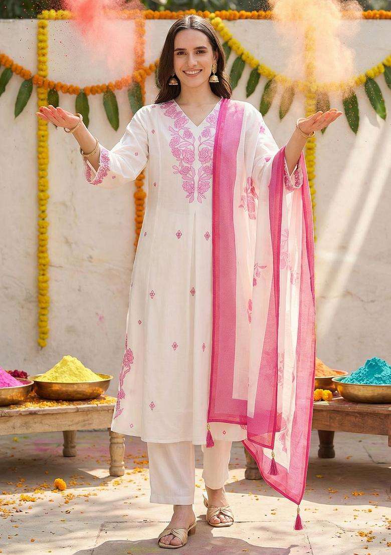 Off White Embroidered Viscose Kurta Set - Indya