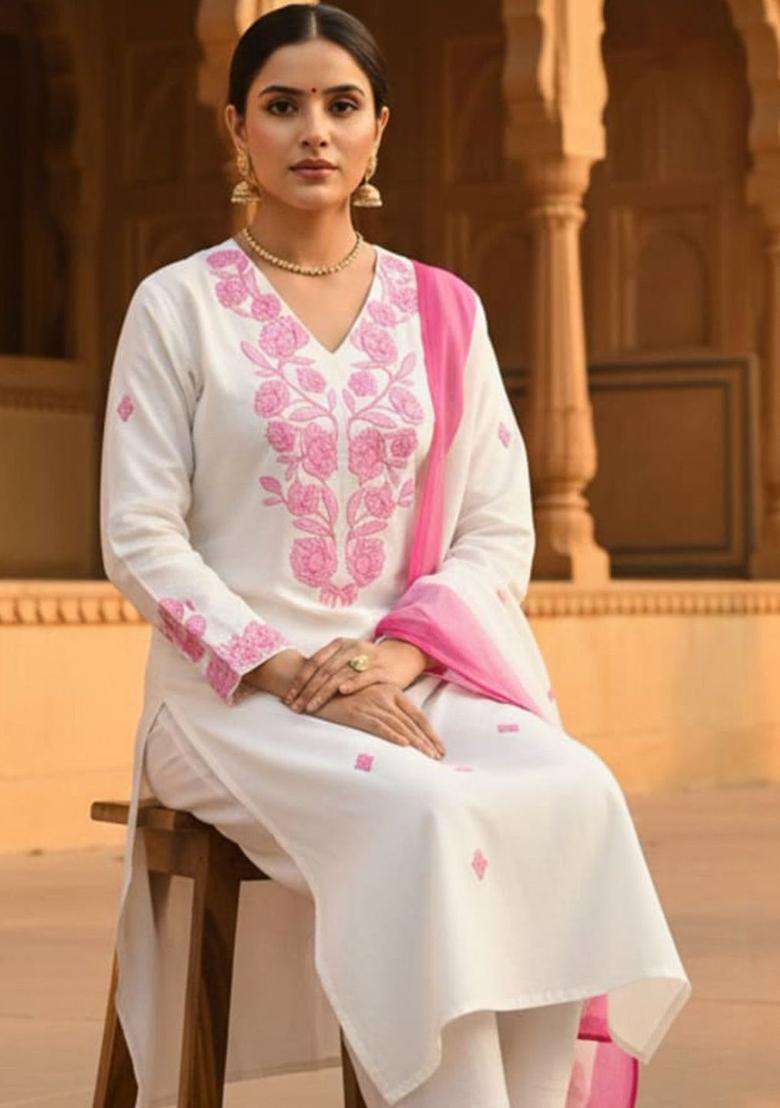 Off White Embroidered Viscose Kurta Set - Indya