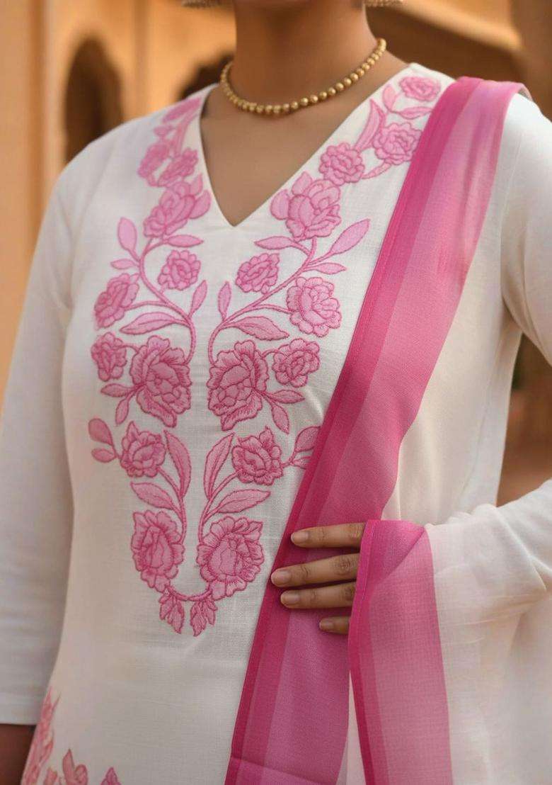 Off White Embroidered Viscose Kurta Set - Indya
