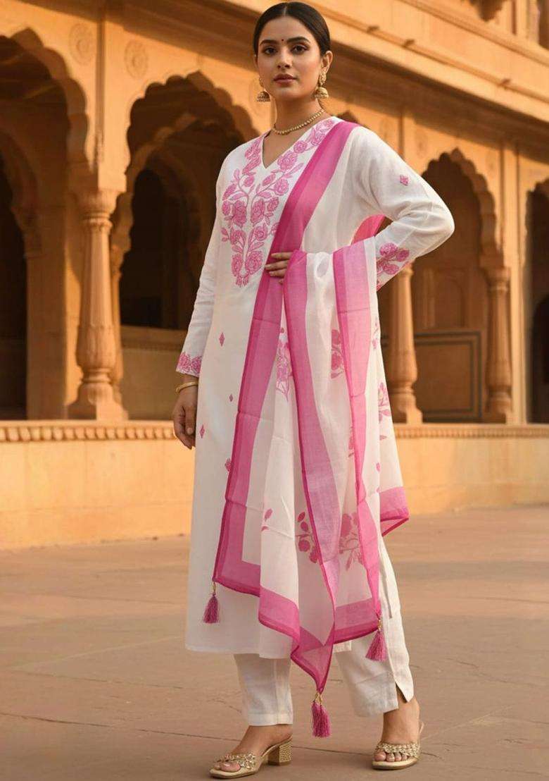 Off White Embroidered Viscose Kurta Set - Indya