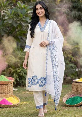 Off White Embroidered Silk Kurta Set