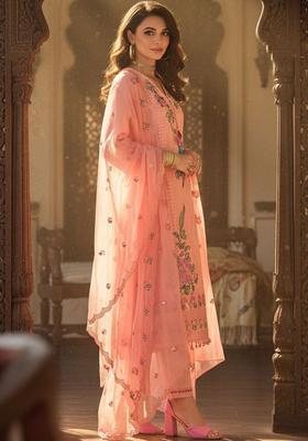 Peach Embroidered Cotton Kurta Set