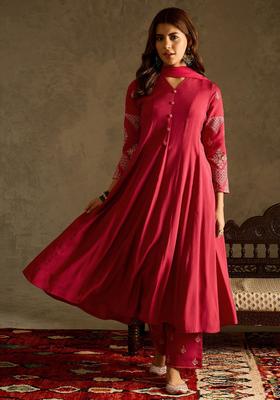 Red Embroidered Silk Anarkali Set