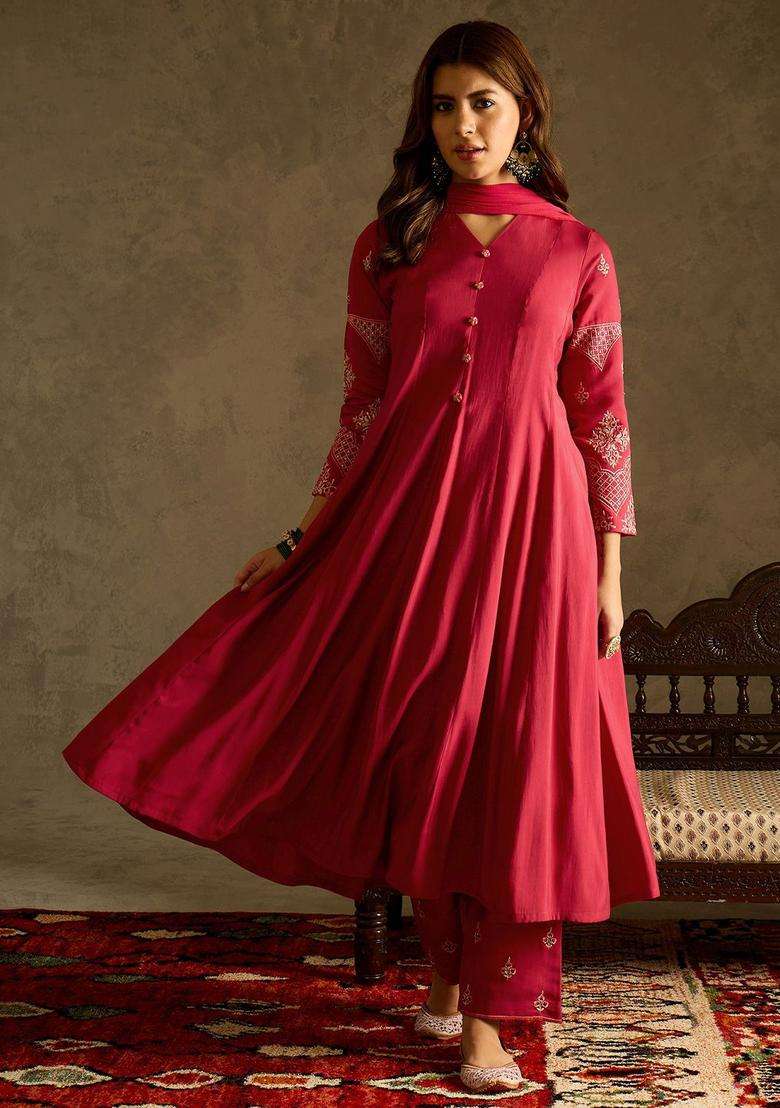 Red Embroidered Silk Blend Anarkali Set - Indya