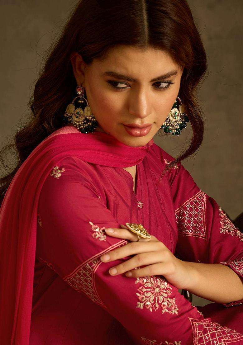 Red Embroidered Silk Blend Anarkali Set - Indya