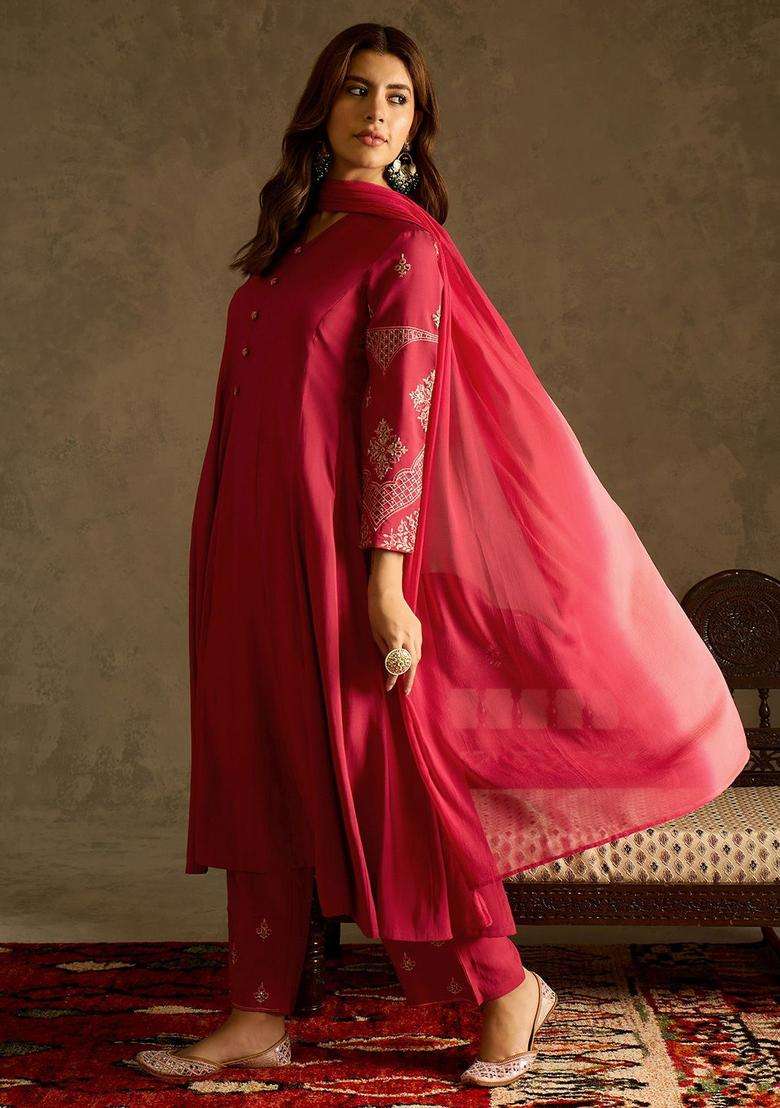 Red Embroidered Silk Blend Anarkali Set - Indya
