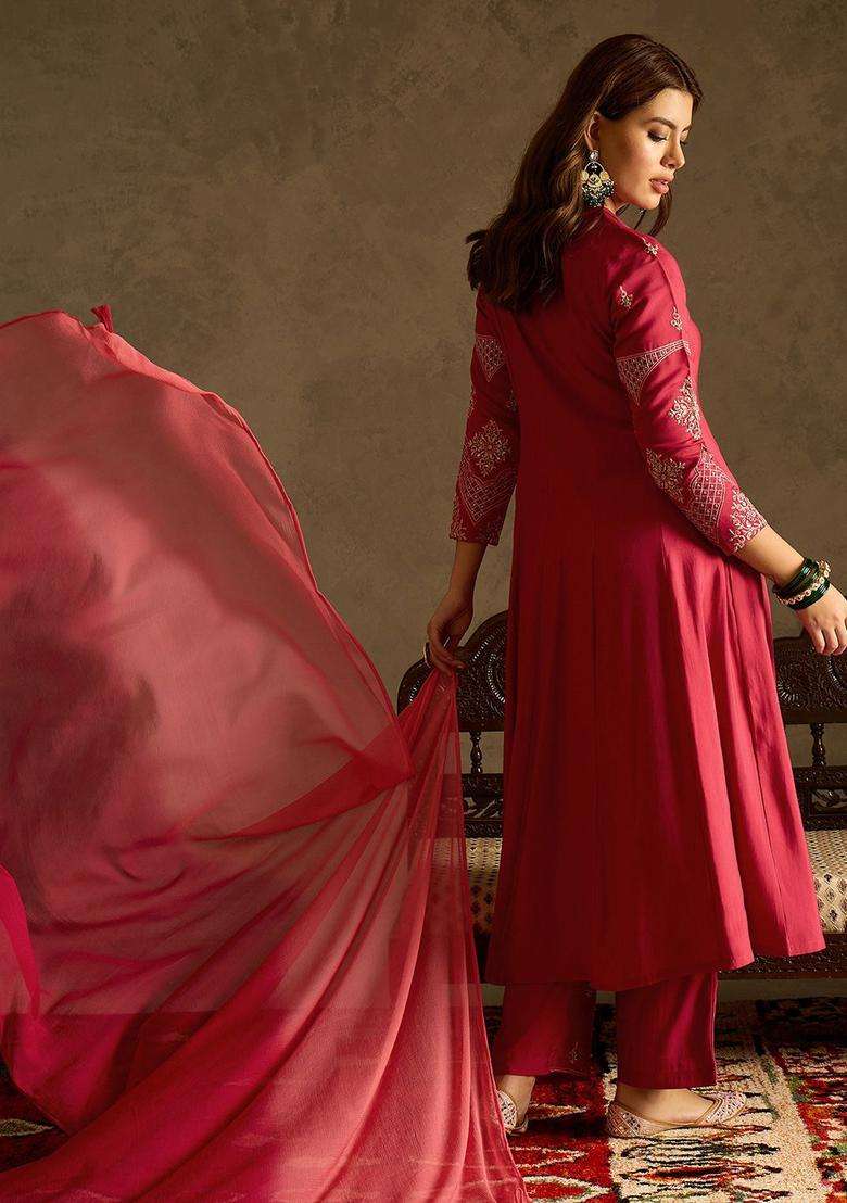 Red Embroidered Silk Blend Anarkali Set - Indya